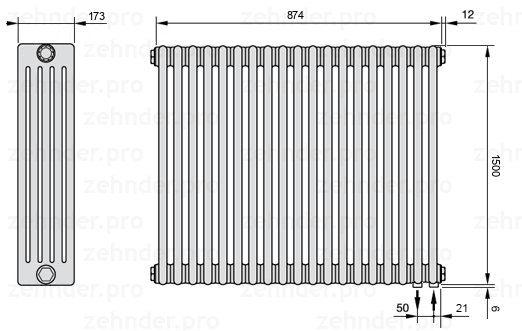 Схема (чертеж) Радиатор Zehnder Charleston 5150/19 №5510 Белый глянцевый RAL 9016